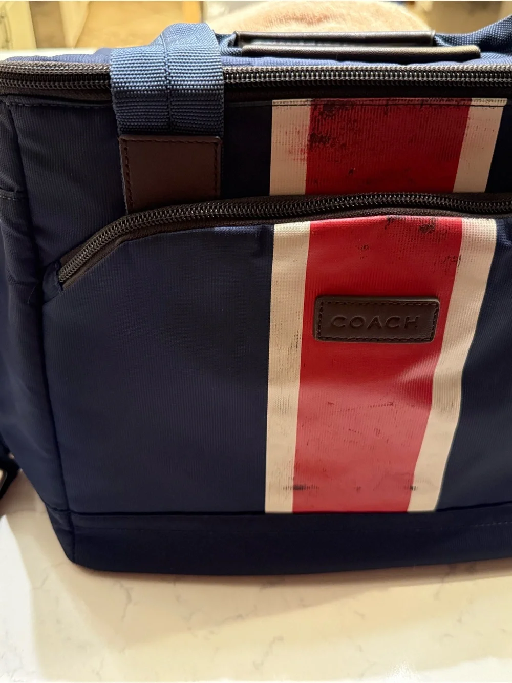 Coach Navy Toiletry Bag with Red and White Center Stripe Panel